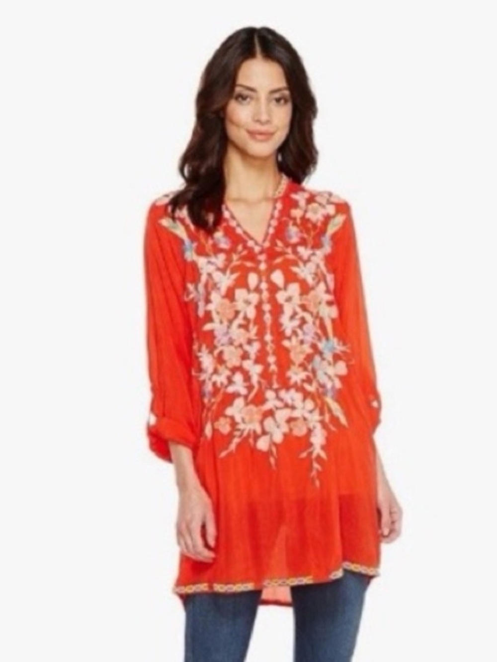 Johnny Was Nikki Embroidered Tunic in Red Floral Size XS